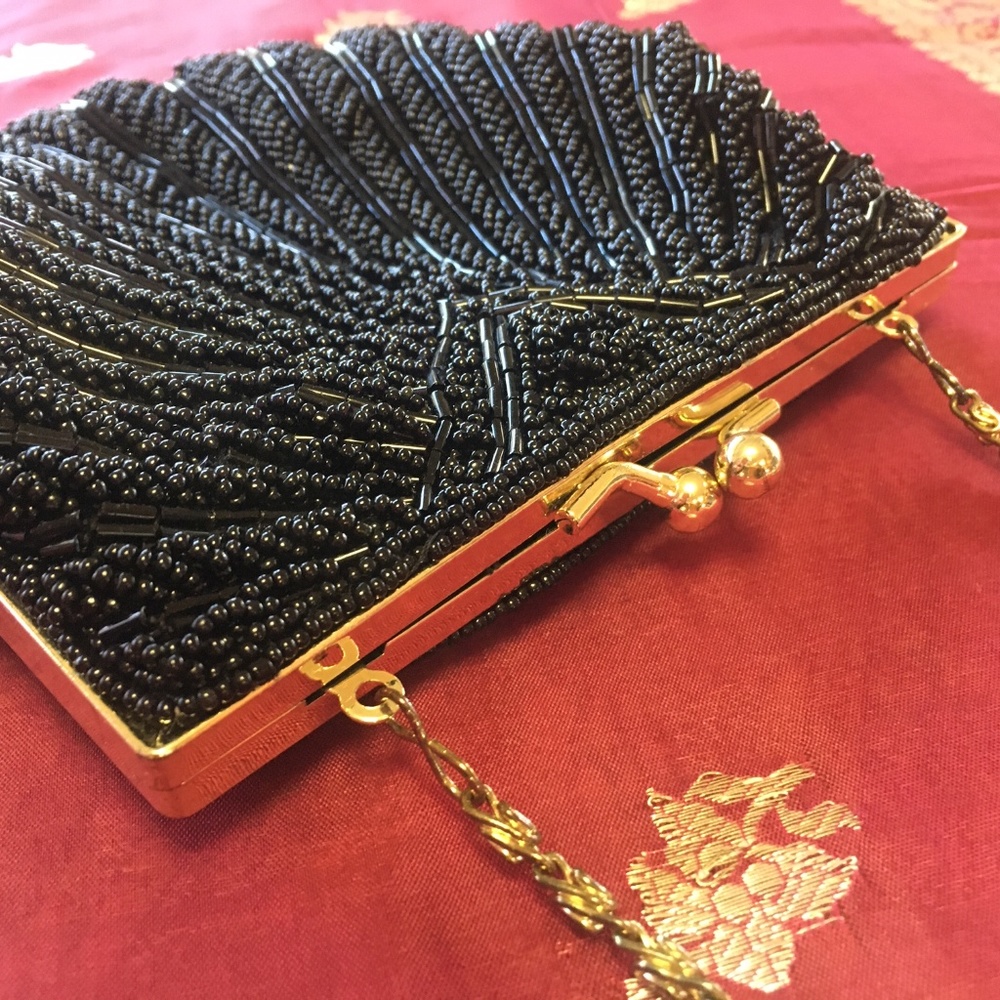 La Regale Vintage Black & Gold Beaded Evening Bag